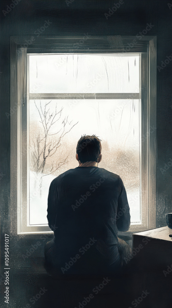 Depressed Man Gazing out of the Window During a Snowy Day at Home Depressed Man Gazing out of the Window During a Snowy Day at Home