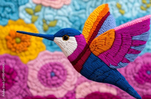 A vibrant hummingbird is intricately embroidered on a colorful floral fabric backdrop. photo