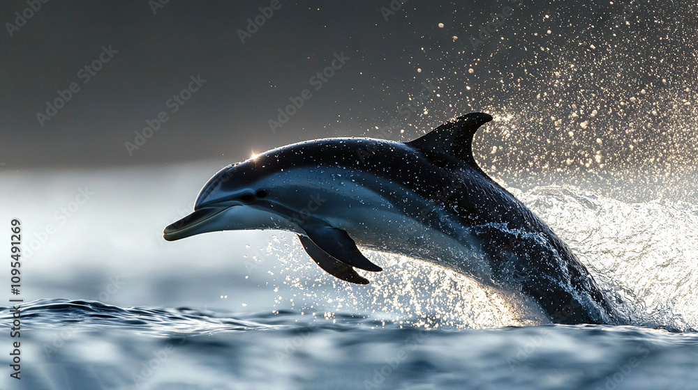 Obraz premium Dolphin jumps out of water with mouth open and head above surface