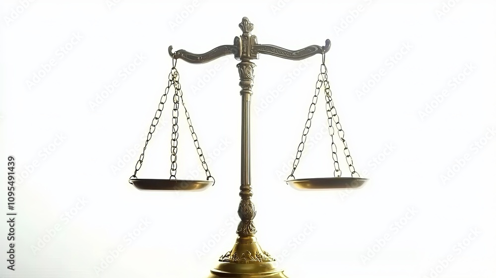 A golden balance scale symbolizing justice against a soft white background. A golden balance scale symbolizing justice against a soft white background.