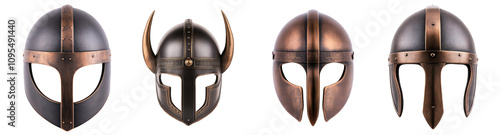 Viking vintage helmets collection isolated on transparent background, PNG. Clipart template  photo