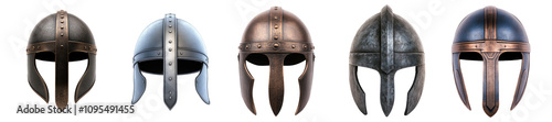 Viking vintage helmets collection isolated on transparent background, PNG. Clipart template  photo