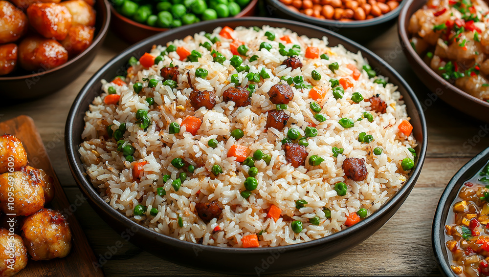 A flavorful rice dish topped with vegetables sits amidst a variety of colorful side dishes on a wooden table. A flavorful rice dish topped with vegetables sits amidst a variety of colorful side dishes on a wooden table.