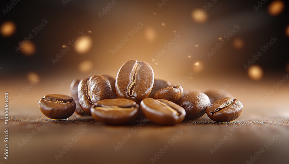 Aromatic roasted coffee beans rest on a wooden table, showcasing their rich color and texture in a warm, inviting light. Aromatic roasted coffee beans rest on a wooden table, showcasing their rich color and texture in a warm, inviting light.