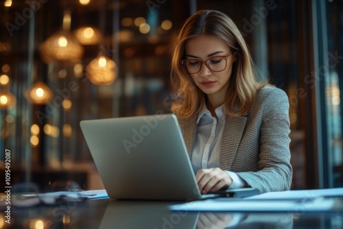 Confident serious mature businesswoman using laptop computer, taking notes, working project in modern office. 25 years old female, financier working with documents at workplace. Successful business