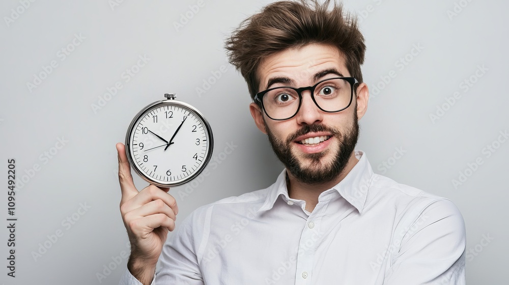 Young Caucasian man with glasses happily holding a clock, showcasing a sense of time management and positivity. Young Caucasian man with glasses happily holding a clock, showcasing a sense of time management and positivity.