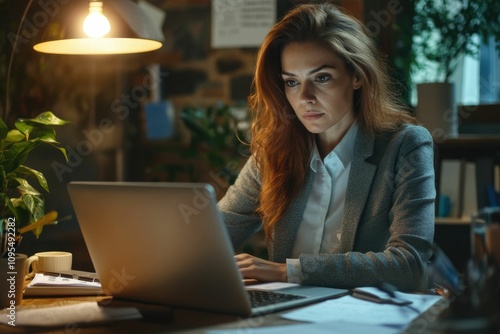 Confident serious mature businesswoman using laptop computer, taking notes, working project in modern office. 40 years old female, financier working with documents at workplace. Successful business