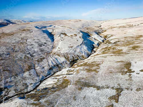 Aerial view of the snow covered path from Pont-ar-Daf to the summit of Corn Du and Pen-y-Fan in the Brecon Beacons photo