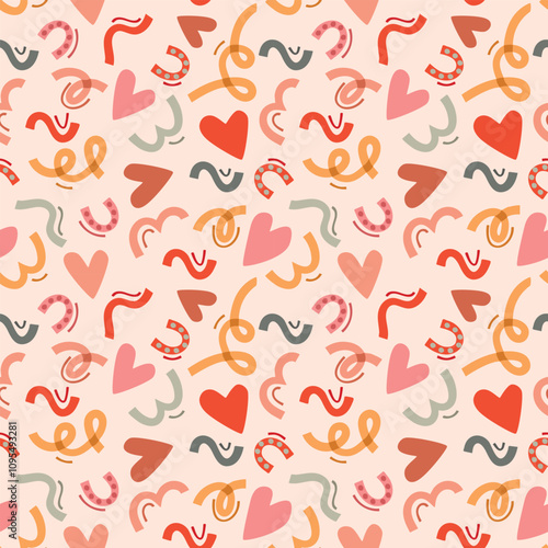 Colorful seamless pattern with hearts and geometric shapes.Abstract background with twisted stripes.Pink,yellow,grey and orange colors.Vector design for textile,wrapping paper,wallpaper.
