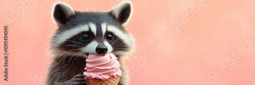 A raccoon peeking out from behind a giant ice cream cone, licking it with cartoon like delight photo