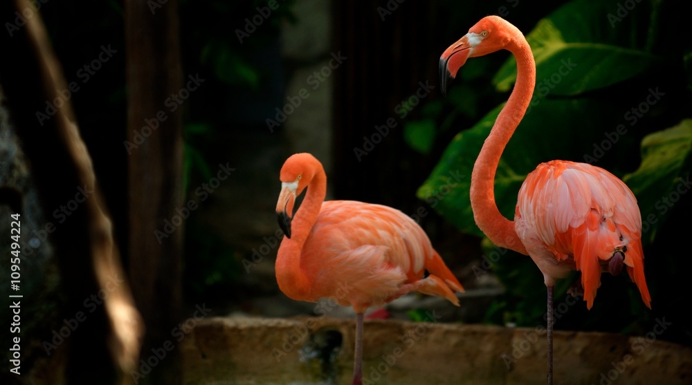 Obraz premium Two beautiful pink flamingos near plant, medium shot 