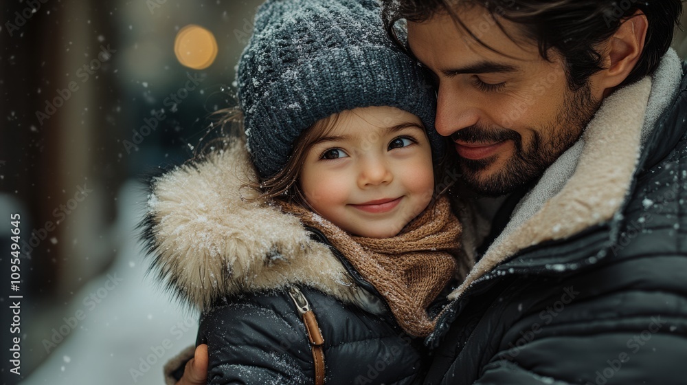 Father holding daughter in snowy weather, smiling warmly, winter jackets, snow-covered background, father-daughter bonding, cold day, outdoor play, family love, joy Father holding daughter in snowy weather, smiling warmly, winter jackets, snow-covered background, father-daughter bonding, cold day, outdoor play, family love, joy