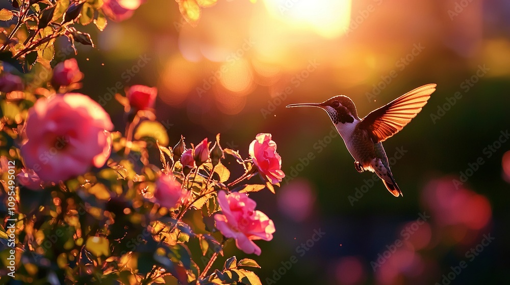 A hummingbird hovers over a bush of pink flowers with sunlight filtering through the trees A hummingbird hovers over a bush of pink flowers with sunlight filtering through the trees