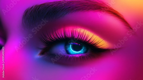 Close-up eye photo in neon light with perfect brows and long lashes, for spa ads