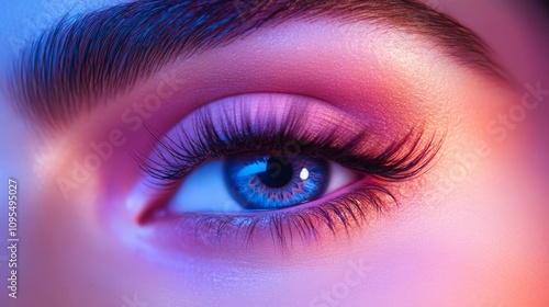 Close-up eye photo in neon light with perfect brows and long lashes, for spa ads