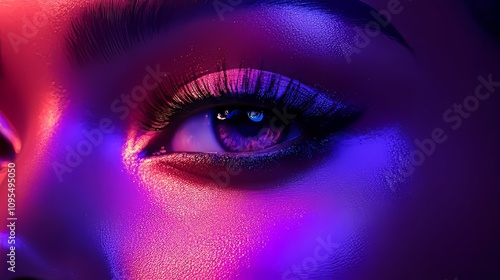 Close-up eye photo in neon light with perfect brows and long lashes, for spa ads