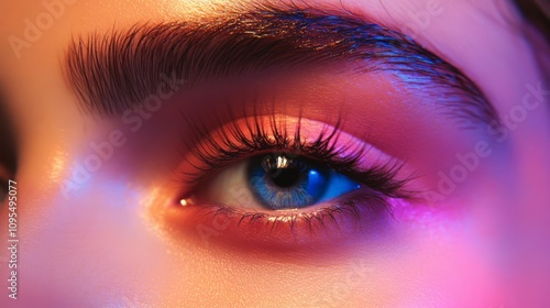 Close-up eye photo in neon light with perfect brows and long lashes, for spa ads