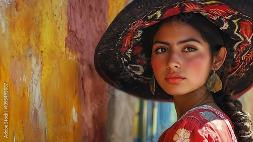 Image of a young beautiful Mexican woman in a traditional colorful dress. Mexico, Latin America, Spanish America photo