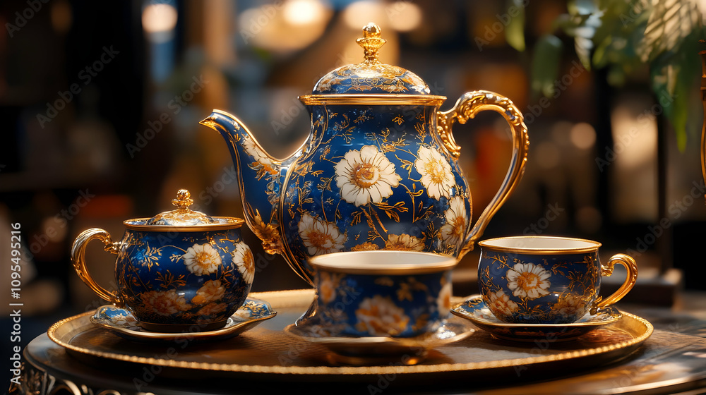 Elegant Blue and Gold Tea Set Illustration Elegant Blue and Gold Tea Set Illustration