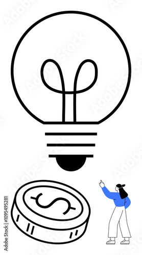 Woman pointing at oversized lightbulb and coin, signifying ideas and wealth. Ideal for business strategy, creativity, innovation, finance, investment, entrepreneurship education. Line metaphor