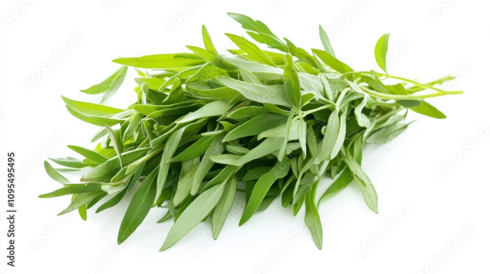 A bunch of fresh tarragon with its slender green leaves and aromatic fragrance, Each sprig's delicate flavor and culinary versatility captured with precision A bunch of fresh tarragon with its slender green leaves and aromatic fragrance, Each sprig's delicate flavor and culinary versatility captured with precision