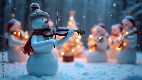 The image shows a snowman playing the violin in a snowy forest. The snowman is wearing a red scarf and a knitted hat with a pom-pom on top.