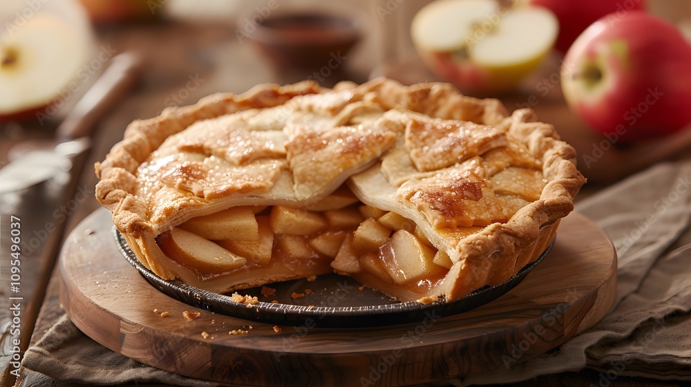 A slice of apple pie with a flaky crust on a rustic wooden table. A slice of apple pie with a flaky crust on a rustic wooden table.