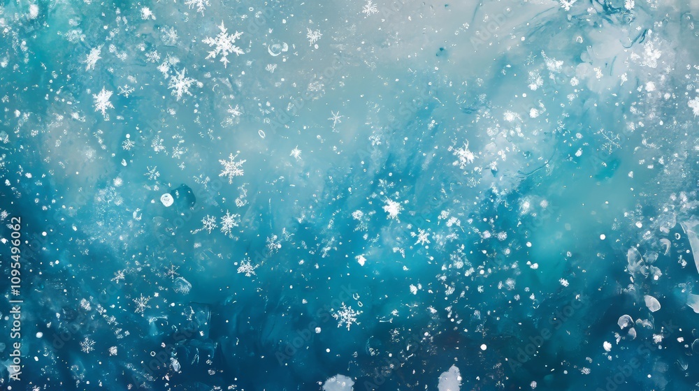 Obraz premium Heavy snowfall scene with teal and blue background, snowflakes and ice specks.