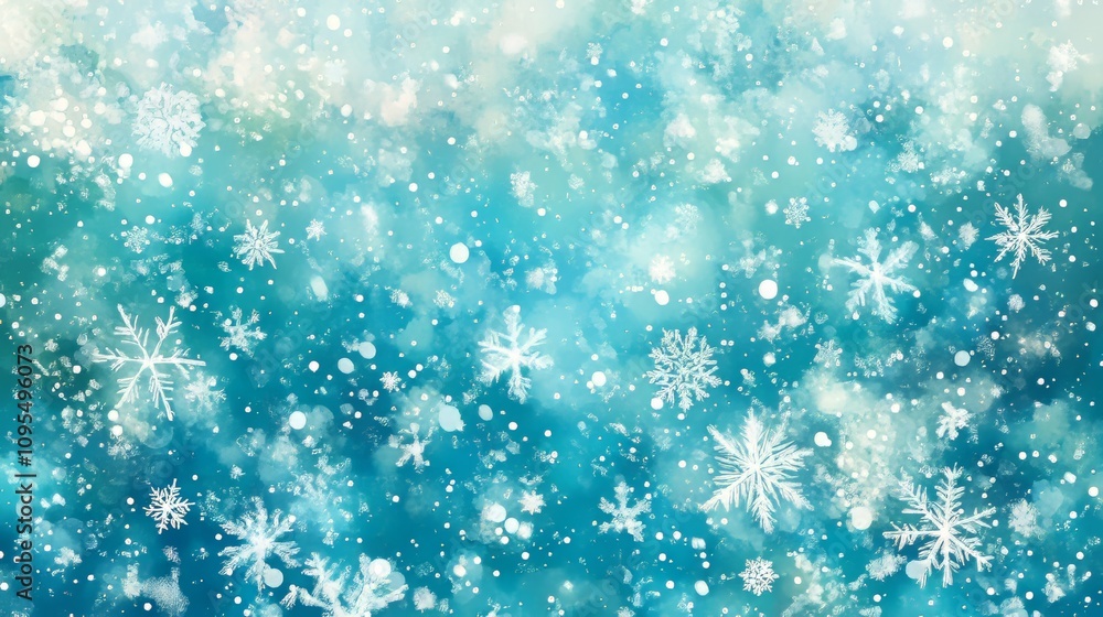 Fototapeta premium Heavy snowfall scene with teal and blue background, snowflakes and ice specks.