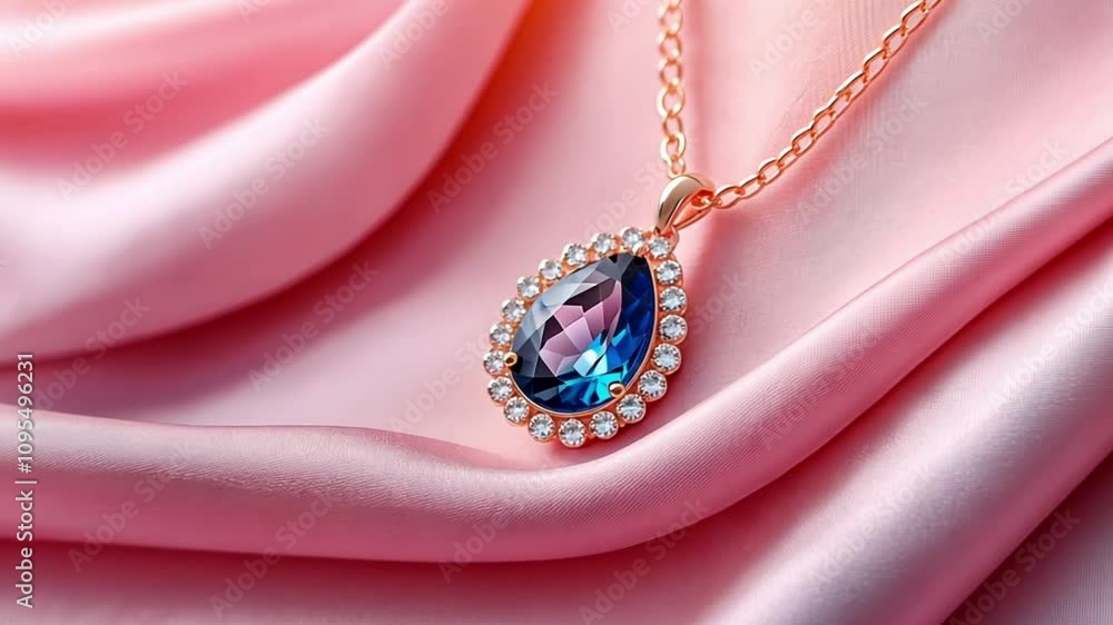 A close-up of a blue gemstone pendant necklace resting on soft pink fabric. A close-up of a blue gemstone pendant necklace resting on soft pink fabric.