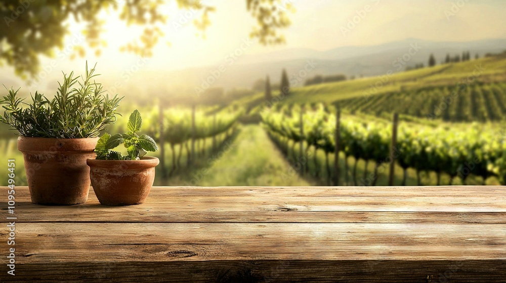 Two potted plants rest on a wooden table, surrounded by rows of vines in a picturesque vineyard Two potted plants rest on a wooden table, surrounded by rows of vines in a picturesque vineyard