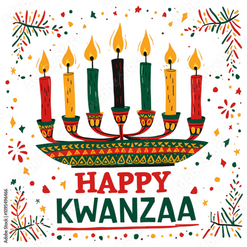 A Kinara with lit candles stands prominently above the words "Happy Kwanzaa