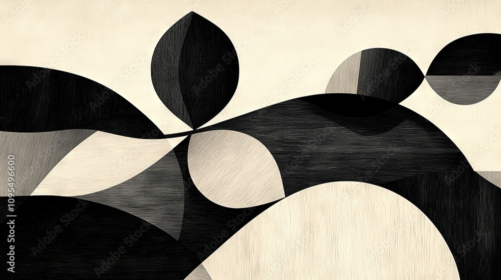 Black and white painting on beige background, featuring a monochrome design in the lower half Black and white painting on beige background, featuring a monochrome design in the lower half
