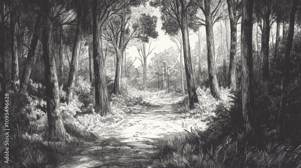 Obraz premium Nostalgic forest landscape art, hand-drawn
