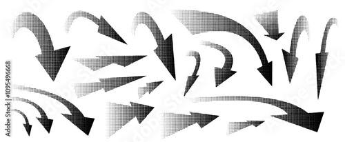 Set of different arrow shapes in perspective with Halftone effect in black color for design in fun presentations and animated visuals with dot texture. vector illustration