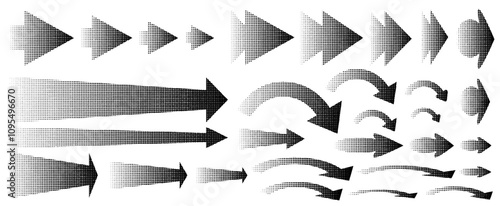 Set of different arrow shapes with Halftone effect in black color for design in fun presentations and animated visuals with dot texture. vector illustration