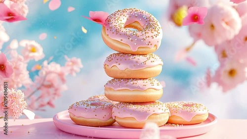 Stack of pink donuts with gold sprinkles on a plate, against a blurred background of pink flowers.