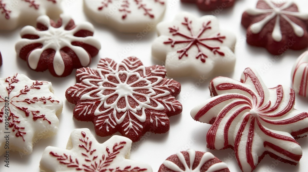 Assorted Festive Cookies with Red and White Icing on a White Background Assorted Festive Cookies with Red and White Icing on a White Background
