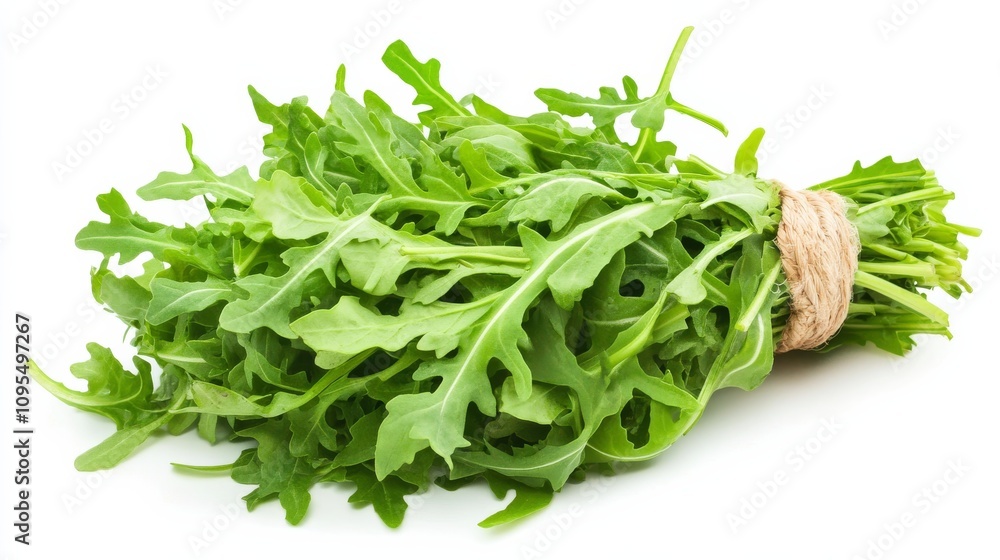 A bundle of fresh arugula leaves with their peppery flavor and delicate texture, Each leaf's vibrant green color and crisp bite captured with precision A bundle of fresh arugula leaves with their peppery flavor and delicate texture, Each leaf's vibrant green color and crisp bite captured with precision