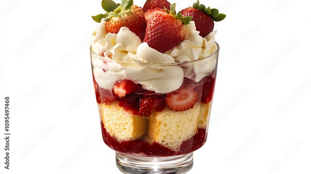 Trifle dessert with sponge cake, strawberries, whipped cream in glass, isolated. Trifle dessert with sponge cake, strawberries, whipped cream in glass, isolated.