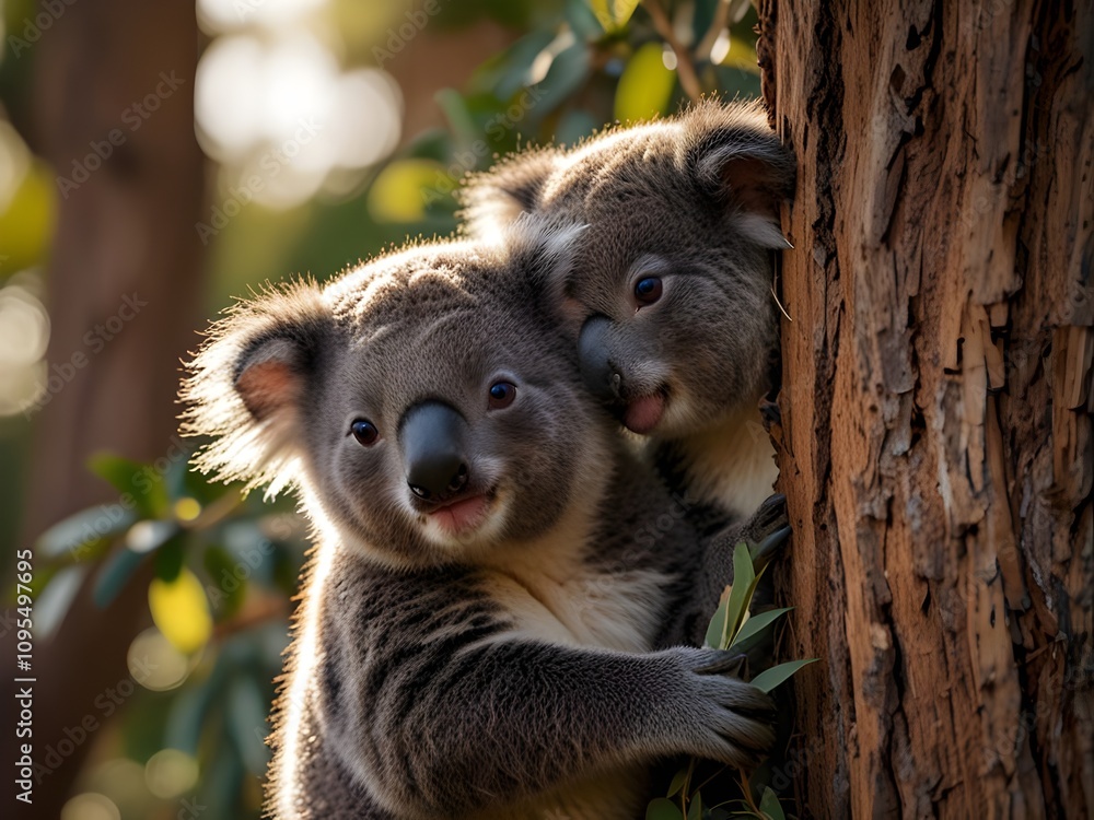 Baby Koalas Cuddled in Eucalyptus Tree Under Soft Sunlight Baby Koalas Cuddled in Eucalyptus Tree Under Soft Sunlight