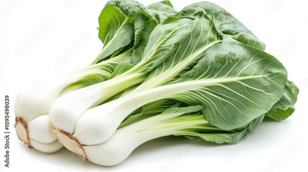 A bundle of fresh bok choy with its crisp white stalks and dark green leaves, Each leaf's mild flavor and crunchy texture captured with precision A bundle of fresh bok choy with its crisp white stalks and dark green leaves, Each leaf's mild flavor and crunchy texture captured with precision