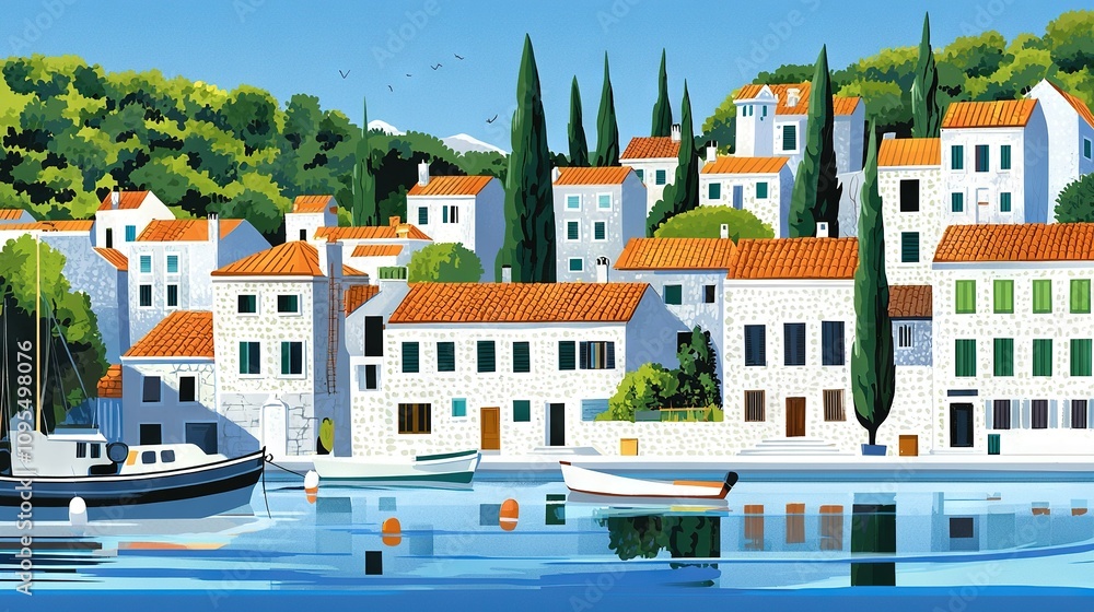 Obraz premium Harbor with Boat & Row of Houses