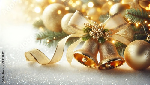 Golden Christmas bells with glittery ribbon on radiant white backdrop