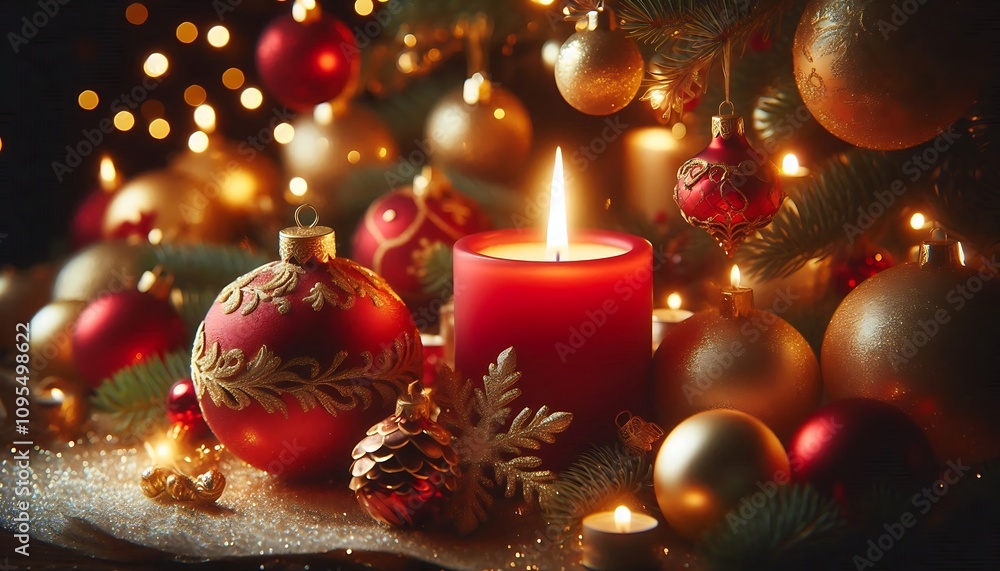 Classic red and gold christmas baubles hanging over soft glowing candlelight Classic red and gold christmas baubles hanging over soft glowing candlelight