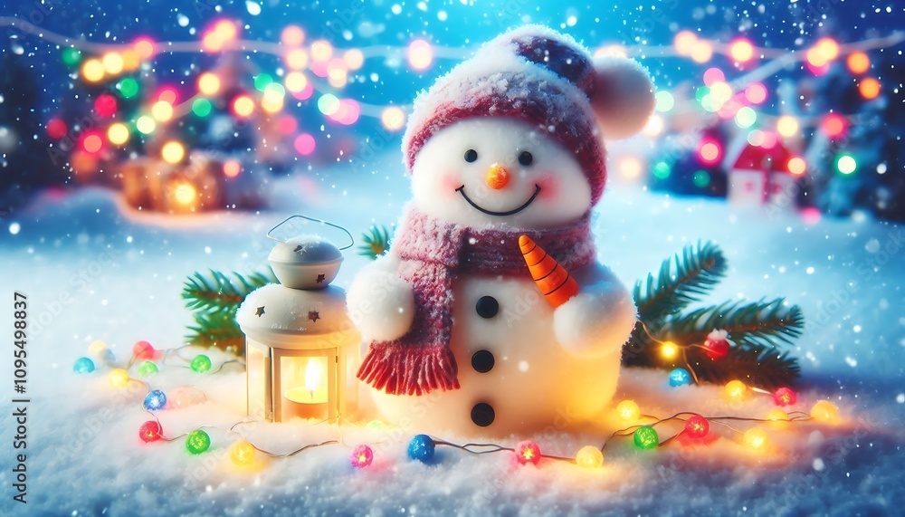 Fototapeta premium Cheerful snowman with carrot nose and scarf on snowy field, surrounded by colorful fairy lights