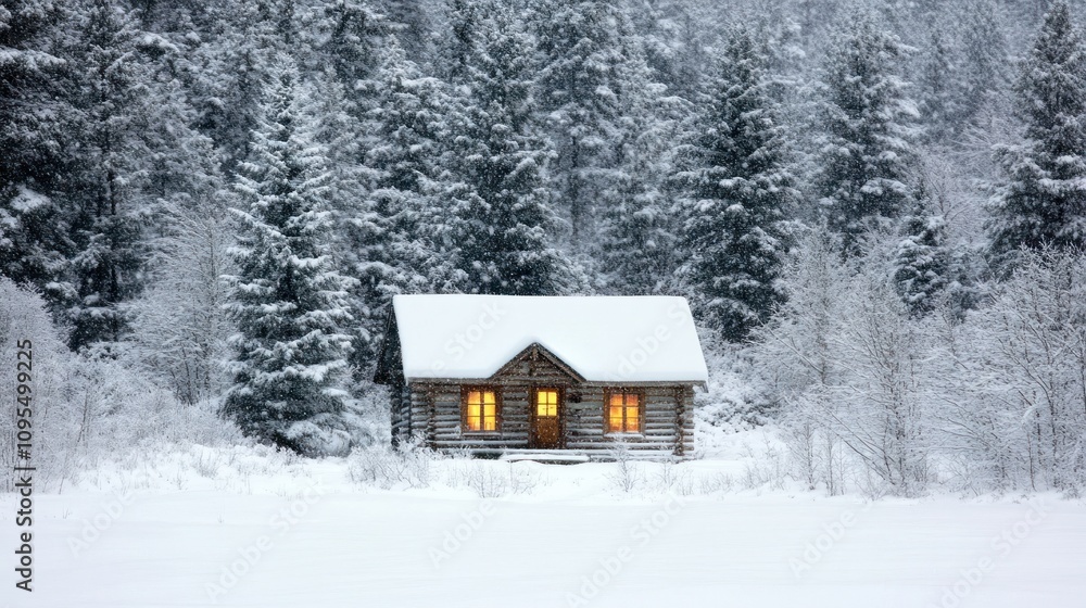 A cozy cabin illuminated in a snowy landscape surrounded by tall evergreen trees. A cozy cabin illuminated in a snowy landscape surrounded by tall evergreen trees.