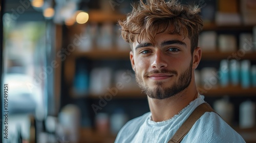 Young barber in apron, modern barbershop interior, smiling expression, hairstylist professional, small business, welcoming, barber chair background, casual atmosphere, grooming services