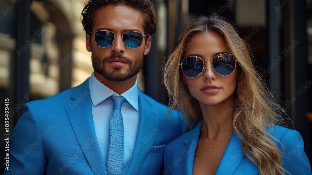Confident couple in stylish suits, sunglasses, walking in urban cityscape, power couple, luxury lifestyle, business partners, fashionable, high-end look, modern streetwear Confident couple in stylish suits, sunglasses, walking in urban cityscape, power couple, luxury lifestyle, business partners, fashionable, high-end look, modern streetwear
