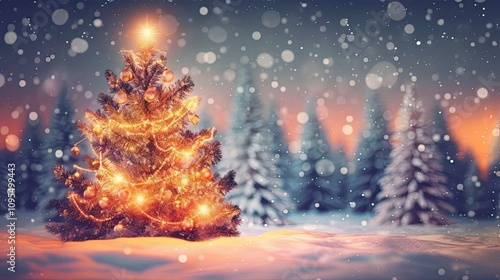 Winter snowy forest with Christmas tree decorated with lights